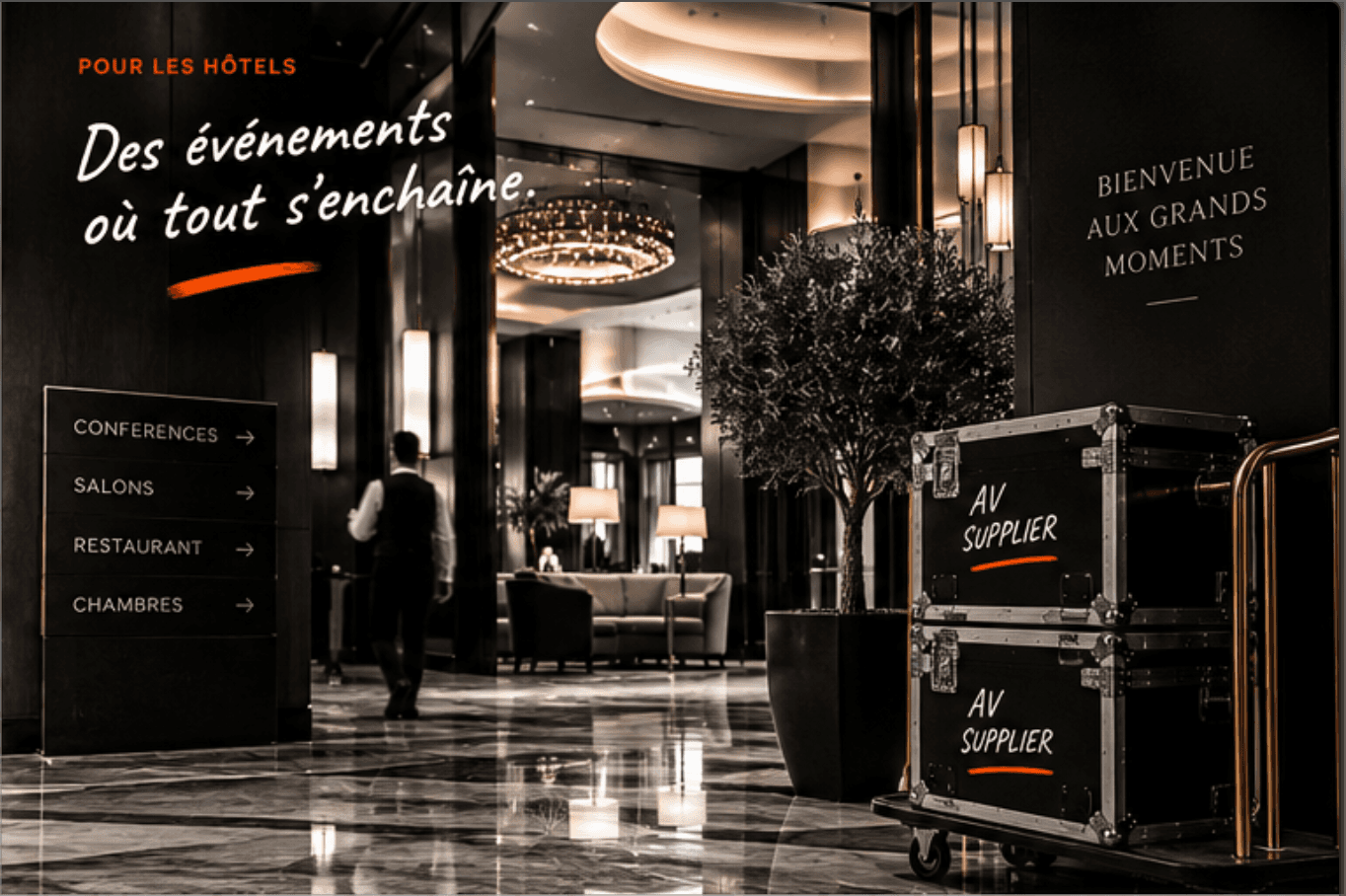 Pour les hôtels : des événements où tout s’enchaîne. Hall d’hôtel et matériel audiovisuel.