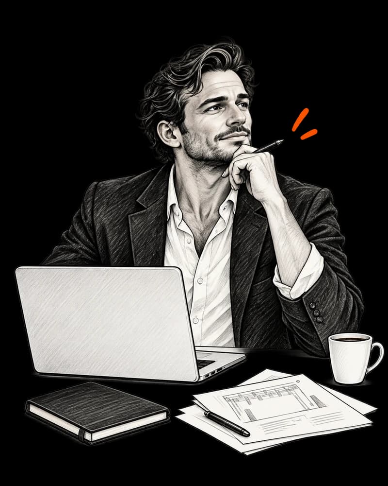 Illustration au trait d’un expert qui examine un dossier à son bureau.